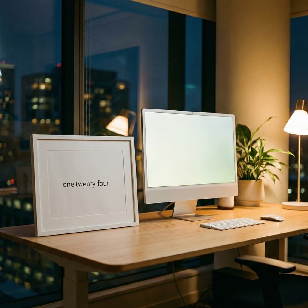 Minimalist word clock frame on modern desk